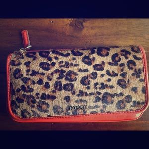 Orange calf hair cheetah print Fossil wallet